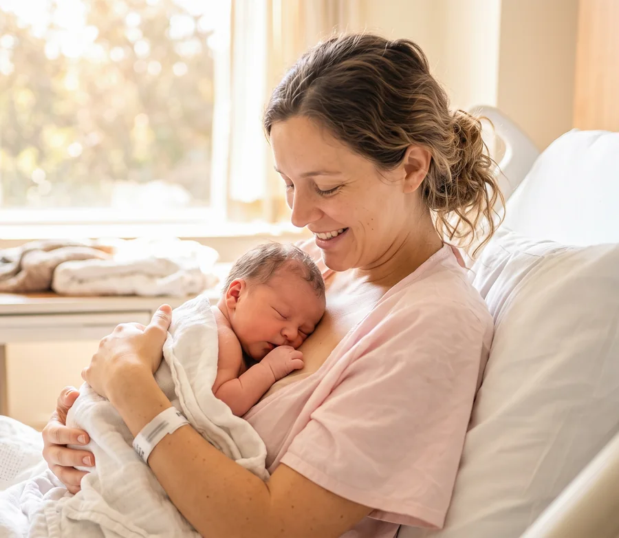 A mother holding her newborn in hospital, shortly after birth